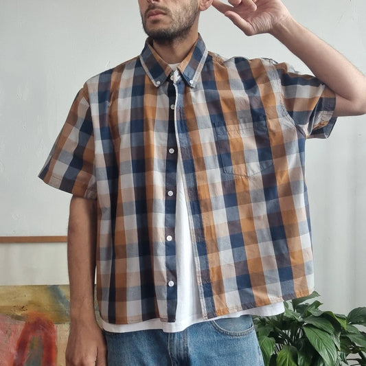 Lee Boxy Fit Cropped Shirt short Sleeve XL check brown blue Button Up Skater Y2K Surf