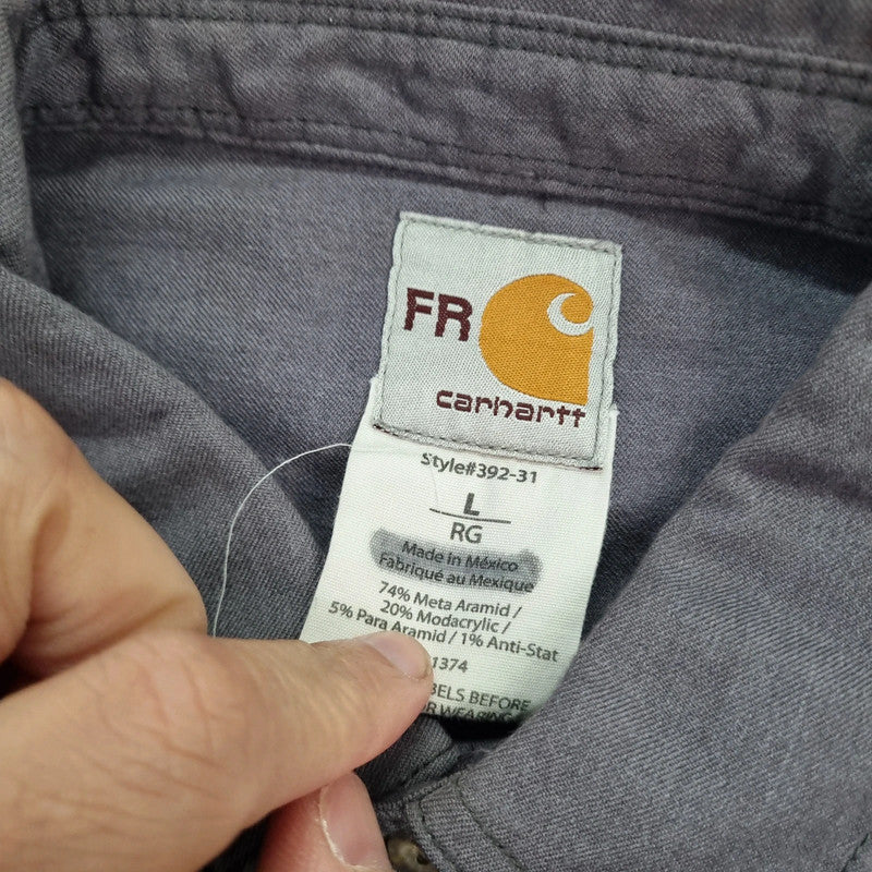 Vintage Carhartt FR Boxy Fit Cropped Shirt Long Sleeve large plain Grey Button Up Skater Y2K