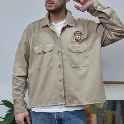 Vintage Dickies Boxy Fit Cropped Shirt Long Sleeve XL plain Beige Button Up Skater Y2K Surf