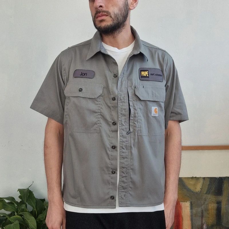 Carhartt Boxy Fit Cropped Shirt Short Sleeve Medium plain Grey Button Up Skater Y2K Surf