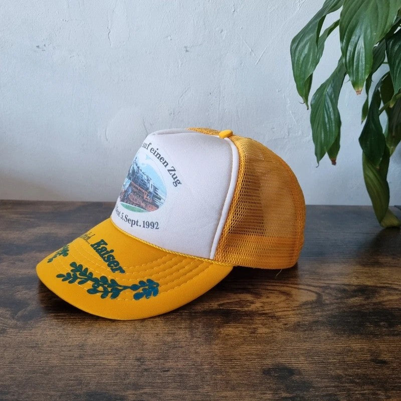 Vintage German Trucker Hat Snapback cap one size adjustable yellow white beer festival train 92