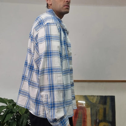 Vintage Columbia Boxy Fit Cropped Shirt Long Sleeve XXL Check Blue Button Up Skater Y2K Surf