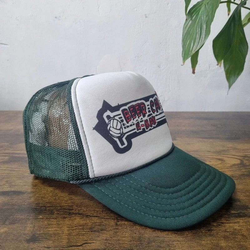 Vintage American Trucker Hat Snapback cap one size white green beer can 4 man volleyball