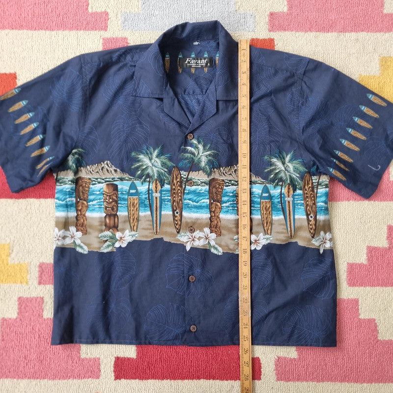 Vintage hawaii Boxy Fit Cropped Shirt Short Sleeve large print Blue Button Up Skater Y2K Surf