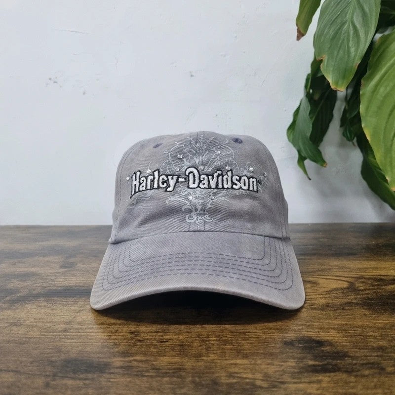 Vintage womens Harley Davidson Baseball Hat Snapback cap one size adjustable grey diamond