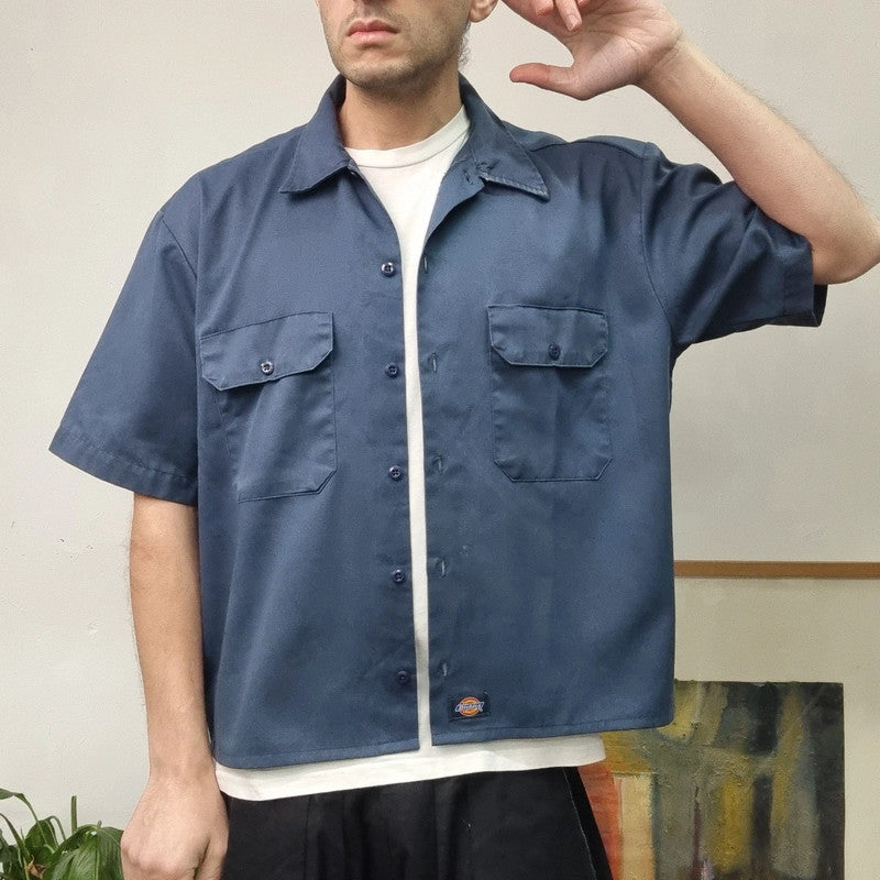 Vintage Dickies Boxy Fit Cropped Shirt Short Sleeve large plain Black Button Up Skater Y2K Surf