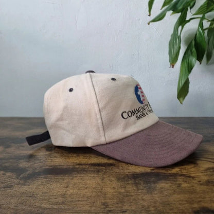 Vintage American baseball Hat Snapback cap one size adjustable community first bank beige brown