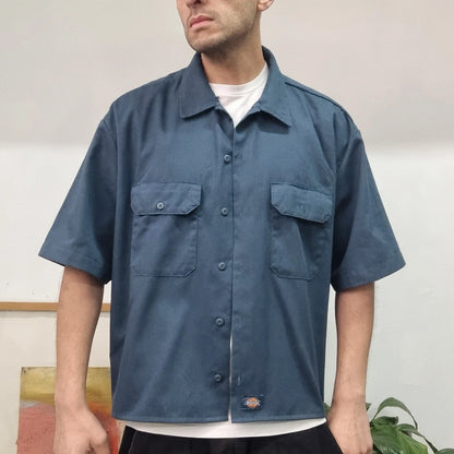 Vintage Dickies Boxy Fit Cropped Shirt Short Sleeve XL plain Navy Button Up Skater Y2K Surf