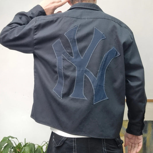 Vintage Dickies Boxy Fit Cropped Shirt long Sleeve large plain Black Button Up NY