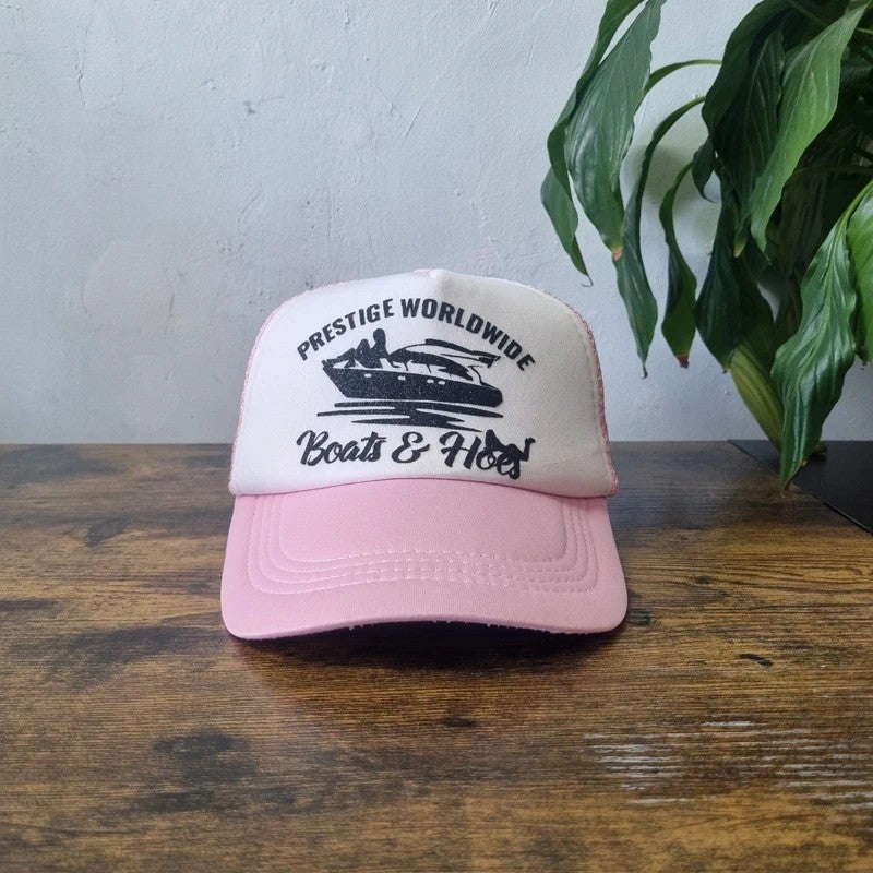 Vintage American Trucker Hat Snapback cap one size adjustable pink white boats prestige y2k