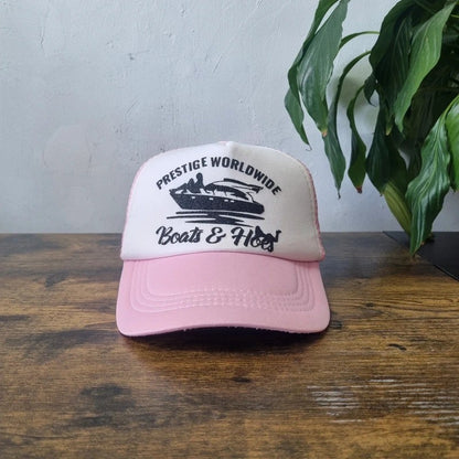 Vintage American Trucker Hat Snapback cap one size adjustable pink white boats prestige y2k