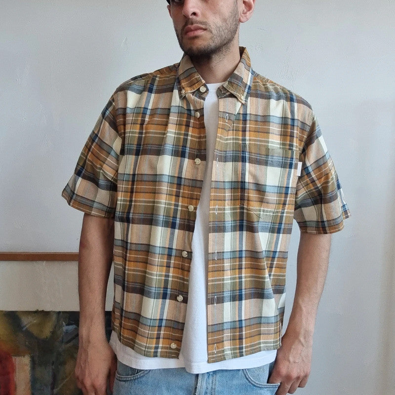 Vintage Woolrich Boxy Fit Cropped Shirt Short Sleeve Medium brown Button Up Skater Y2K Surf