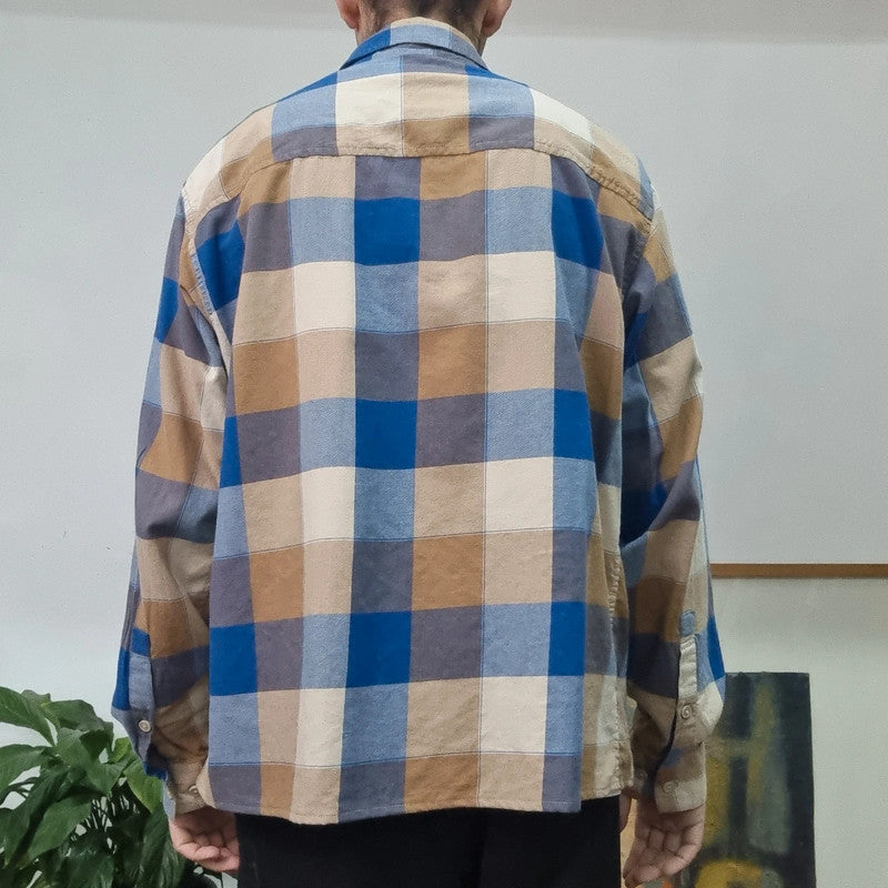 Vintage Columbia Boxy Fit Cropped Shirt Long Sleeve large Check Blue Button Up Skater Y2K Surf