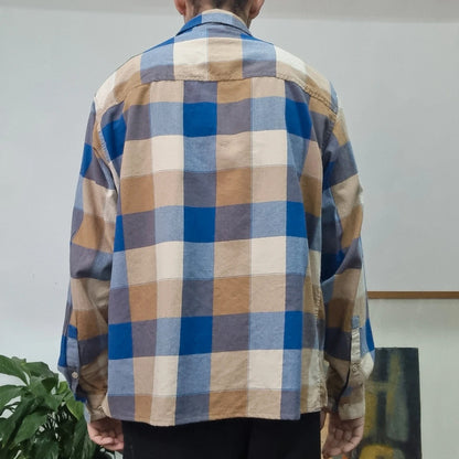 Vintage Columbia Boxy Fit Cropped Shirt Long Sleeve large Check Blue Button Up Skater Y2K Surf