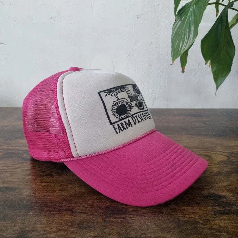 Vintage American Trucker Hat Snapback cap one size adjustable pink white farm discovery truck