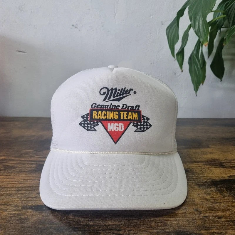 Vintage American Trucker Hat Snapback cap one size white Miller Beer Racing Team