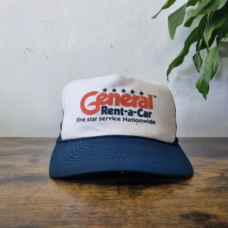 Vintage American Trucker Hat Snapback cap one size adjustable blue white general rent a car