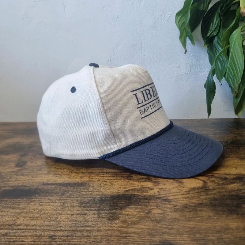 Vintage American Trucker Hat Snapback cap one size adjustable cream blue liberty baptist church