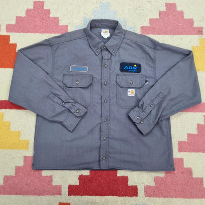 Vintage Carhartt FR Boxy Fit Cropped Shirt Long Sleeve large plain Grey Button Up Skater Y2K