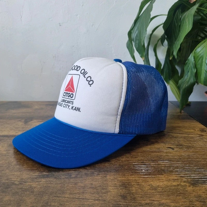 Vintage American Trucker Hat Snapback cap one size adjustable blue white heartwood oil kansas