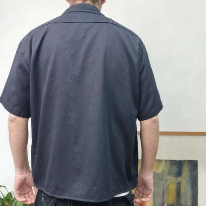 Vintage Dickies Boxy Fit Cropped Shirt Short Sleeve large plain Black Button Up Skater Y2K Surf