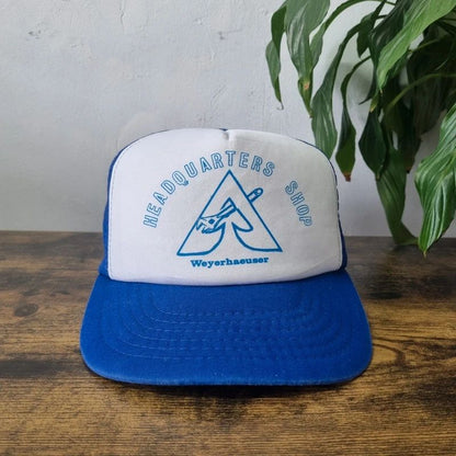 Vintage American Trucker Hat Snapback cap one size adjustable Weyerhaeuser blue white tool