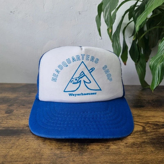 Vintage American Trucker Hat Snapback cap one size adjustable Weyerhaeuser blue white tool