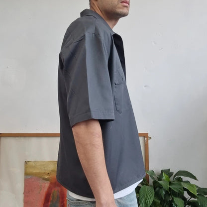 Vintage Dickies Boxy Fit Cropped Shirt Short Sleeve large plain grey button Up Skater Y2K Surf