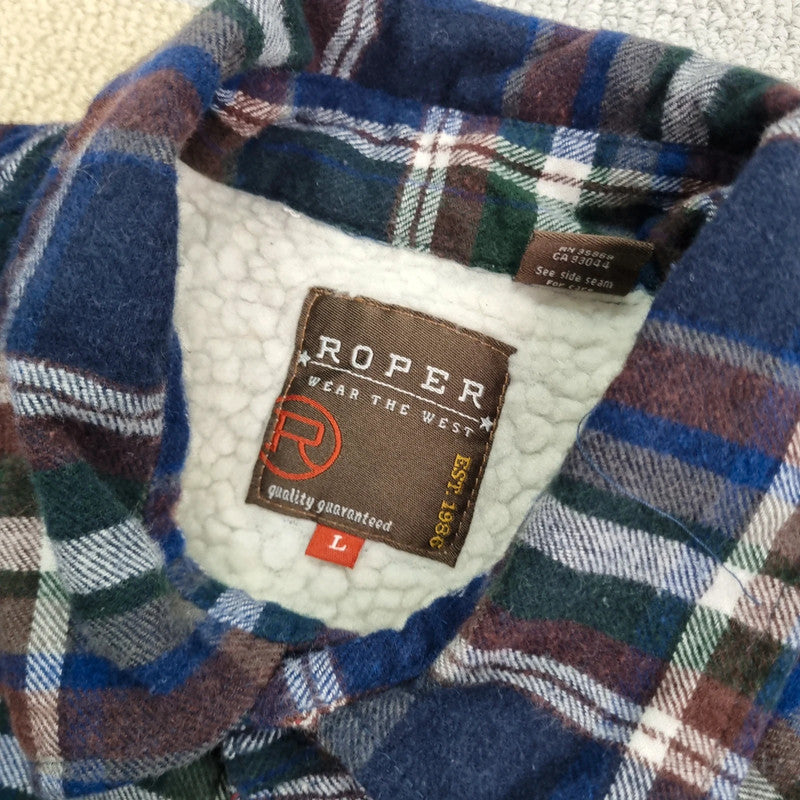 Roper Boxy Fit Cropped Over Shirt heavy weight sherpa lined long Sleeve Large check multi Button up
