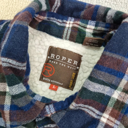 Roper Boxy Fit Cropped Over Shirt heavy weight sherpa lined long Sleeve Large check multi Button up