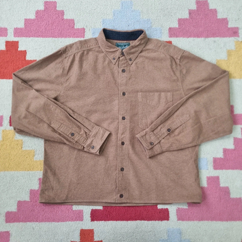Woolrich Boxy Fit Cropped flannel Shirt long Sleeve large plain brown Button Up Skater Y2K Surf
